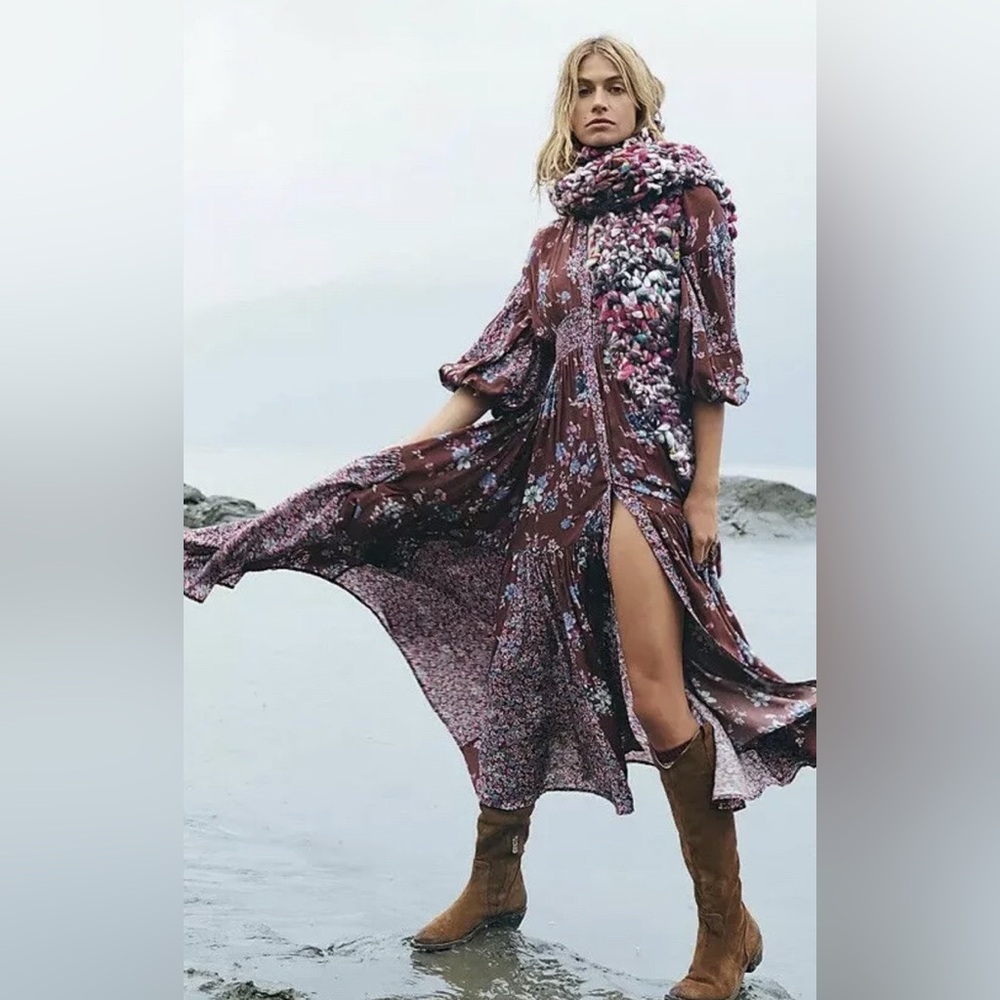 Free People Brown Floral Split-Slit Maxi Dress